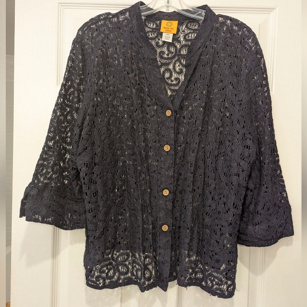 Ruby Rd. Women's Black Navy Lace Sheer 3/4 Sleeve Embellished Button Shirt 18W